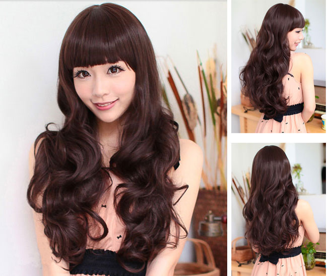 Straight Bangs Hairstyles Women??s Girl Long Curly Full Wigs