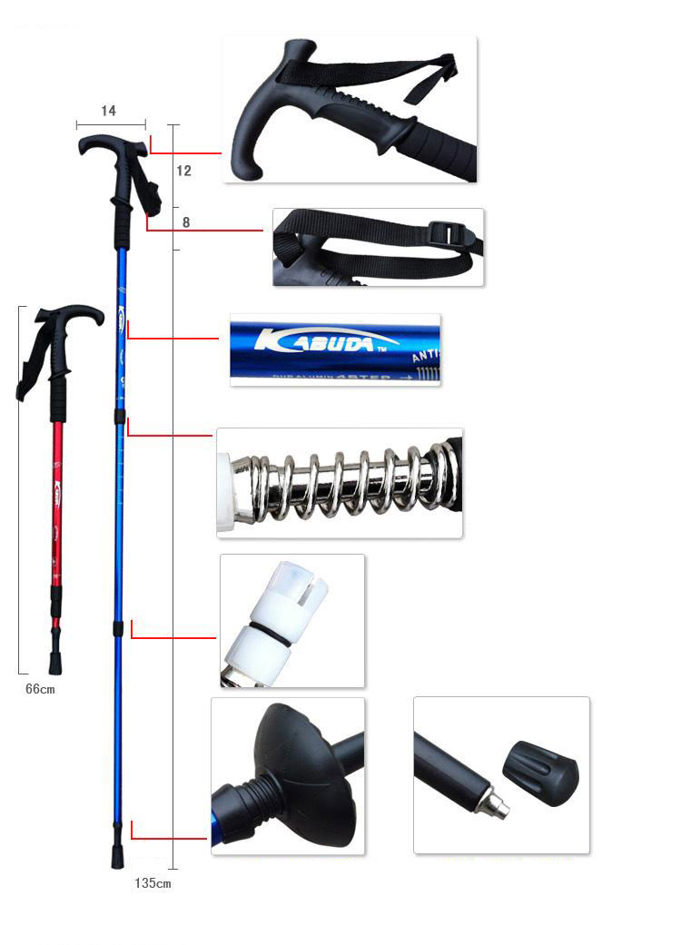 T Handle Adjustable Alpenstock AntiShock Trekking Hiking Walking Stick Pole 66-135cm
