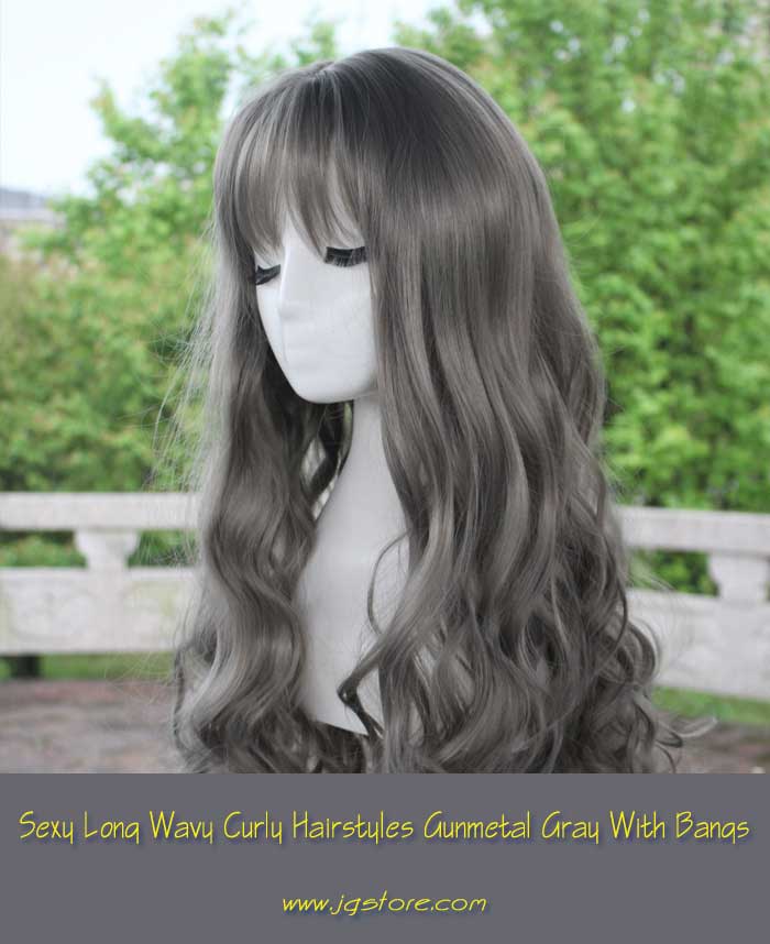 Sexy Long Wavy Curly Hairstyles With Bangs Cosplay Wig - Gunmetal Gray