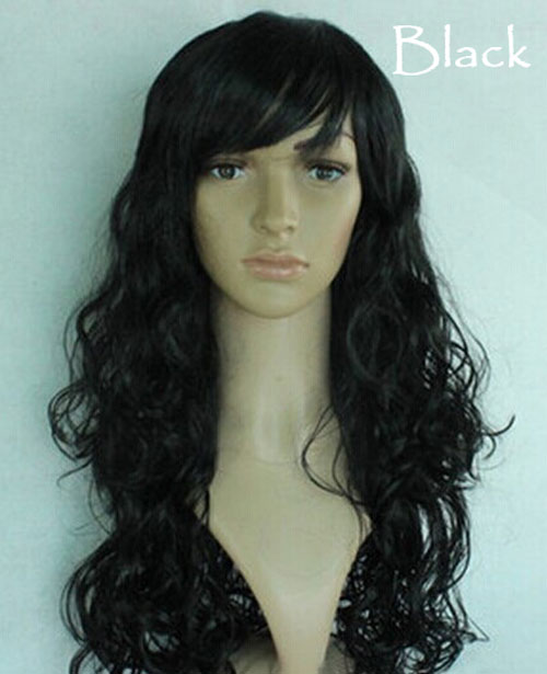 Women's Girl Cosplay Party Long Curly Full Wigs Oblique Bangs Hair - Black