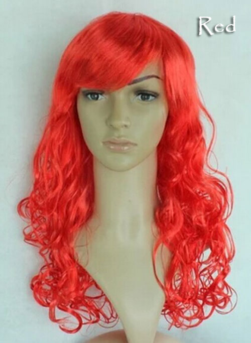Women's Girl Cosplay Party Long Curly Full Wigs Oblique Bangs Hair - Red