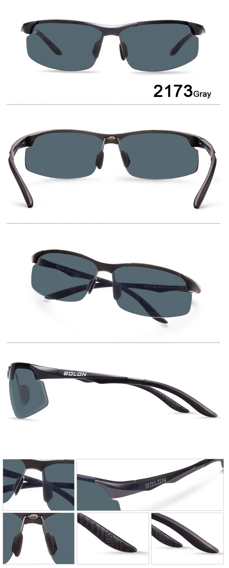Half Frame Sunglasses Aluminum magnesium Alloy Frame Polarized Sunglasses 2173 gray