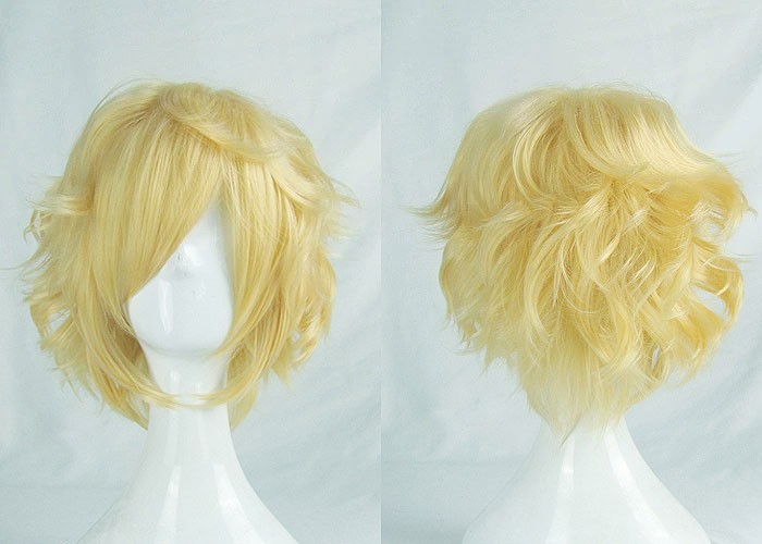 Short Blonde Curly Oblique Bangs Cosplay Hair Full Wig